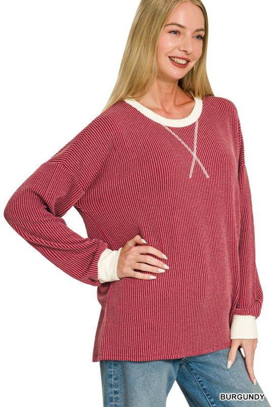 BURGUNDY RAISED RIB ROUND NECK PULLOVER