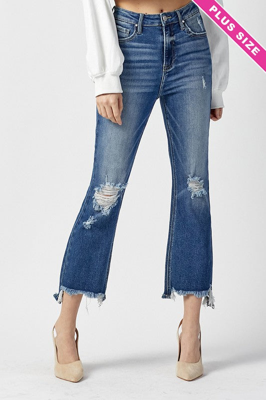 TO BE SEEN BY RISEN PLUS SIZE HIGH RISE CROP STRAIGHT STEP HEM JEANS