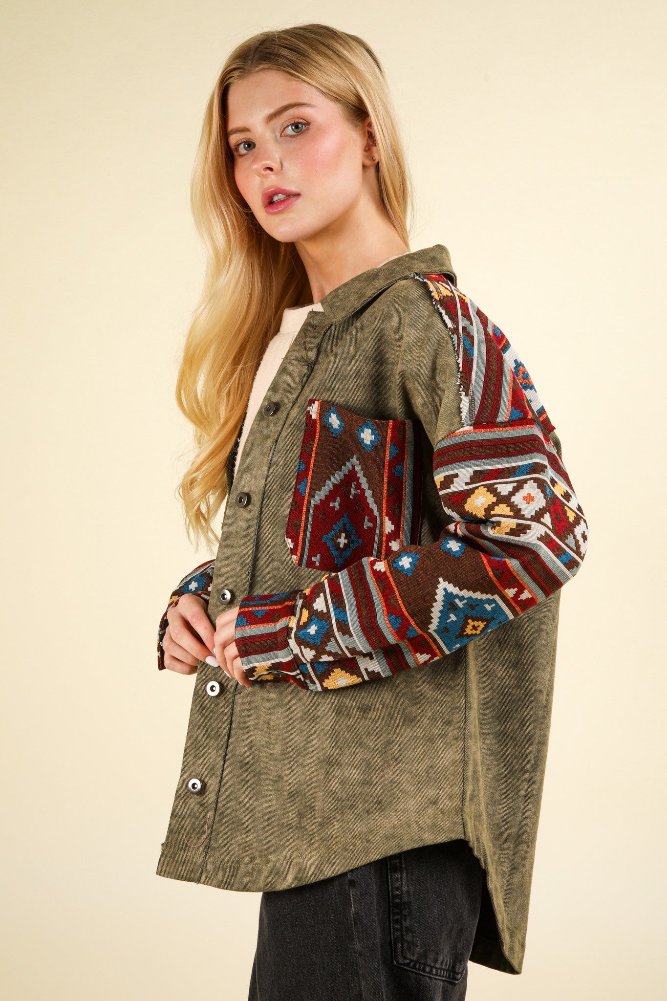 Aztec Graphic Oversized Button Down Shacket Jacket