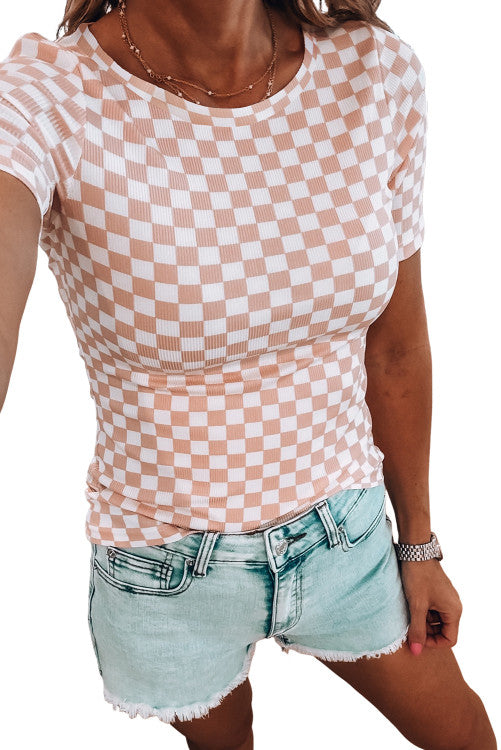Pink Checkered Ribbed Slim Fit Crew Neck T-Shirt