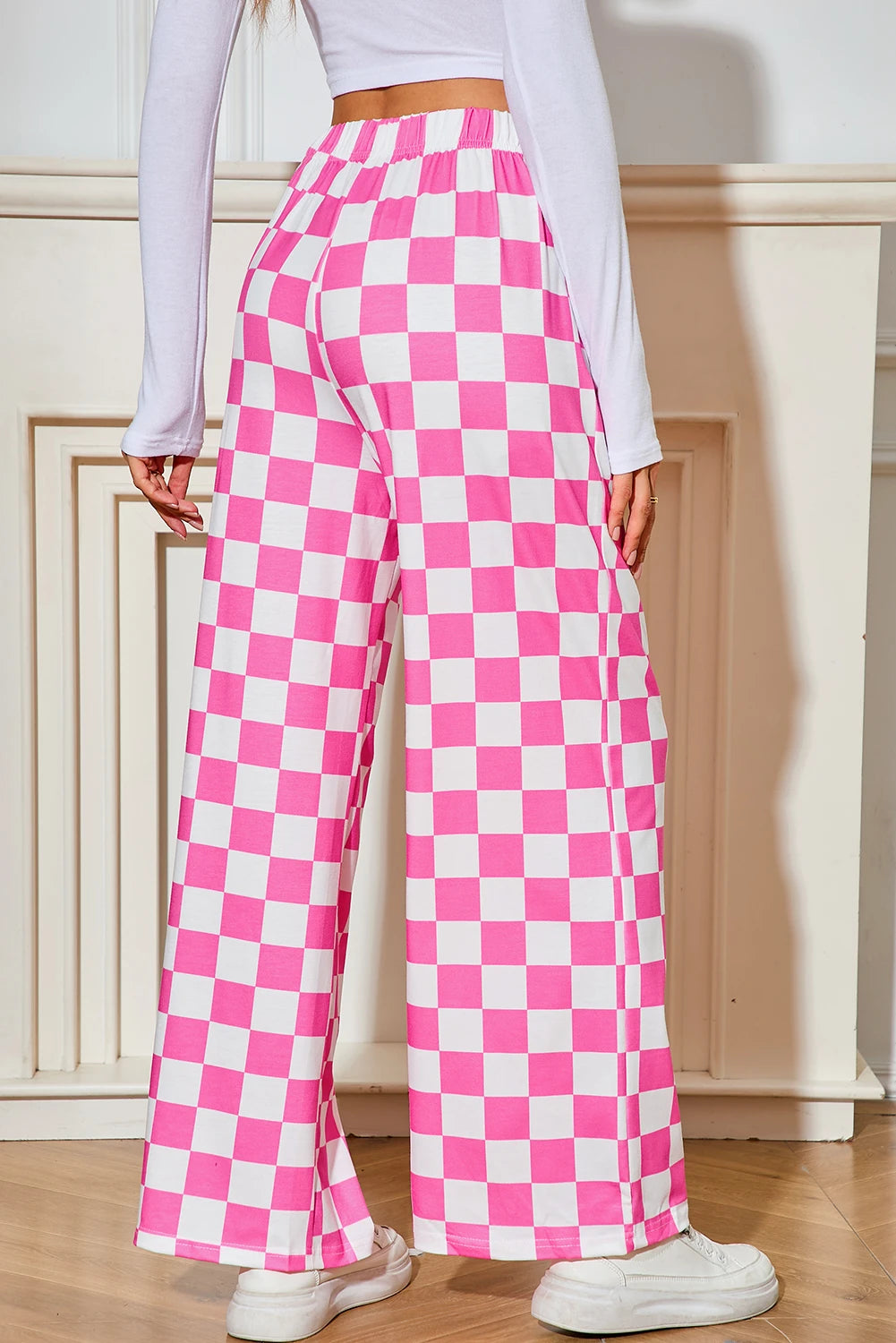 PINK Bonbon Checkered Print High Waist Wide Leg Pant