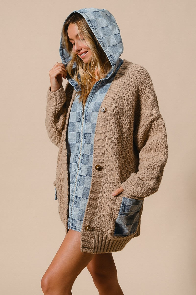 Washed Checker Denim Zip Up Sweater Cardigan