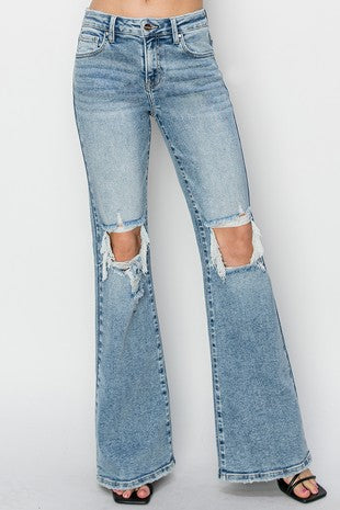 RISEN INSPIRED MID RISE DISTRESSED FLARE JEANS