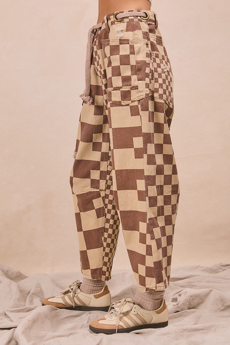 Washed Checker Board Printed Braided Waist Belt De