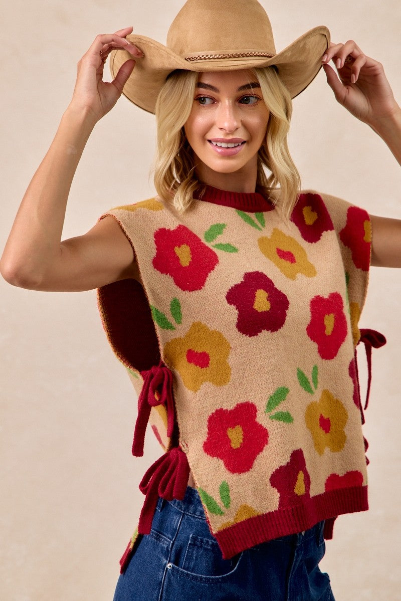 Floral Pattern Side Tied Sweater Vest