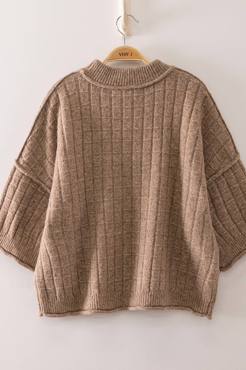 12W3734N-Cropped Length Ribbed Knit Sweater: MOCHA / S-M-L/2-2-2