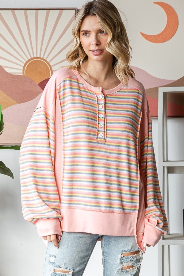 PEACH MULTI COLOR STRIPE BUTTON FRONT TOP