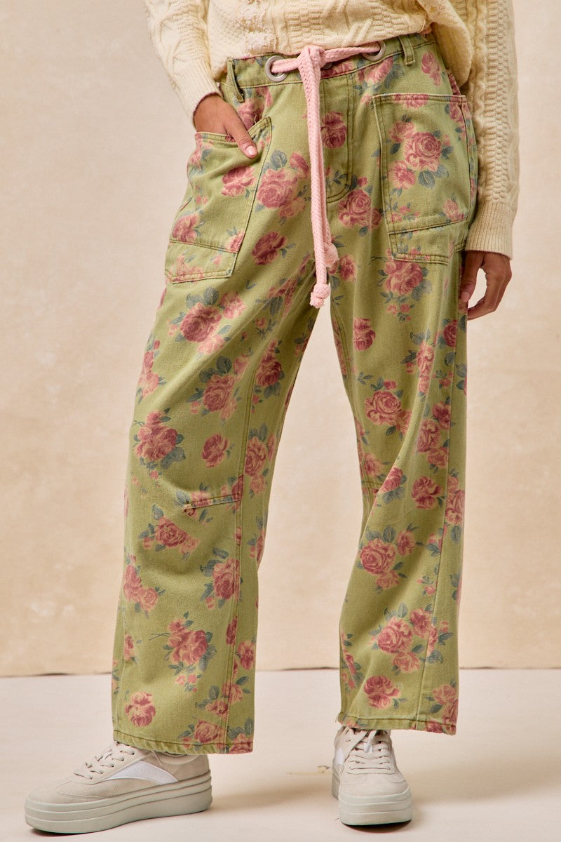 Braided Waist Belt Patch Pockets Floral Print Pant
