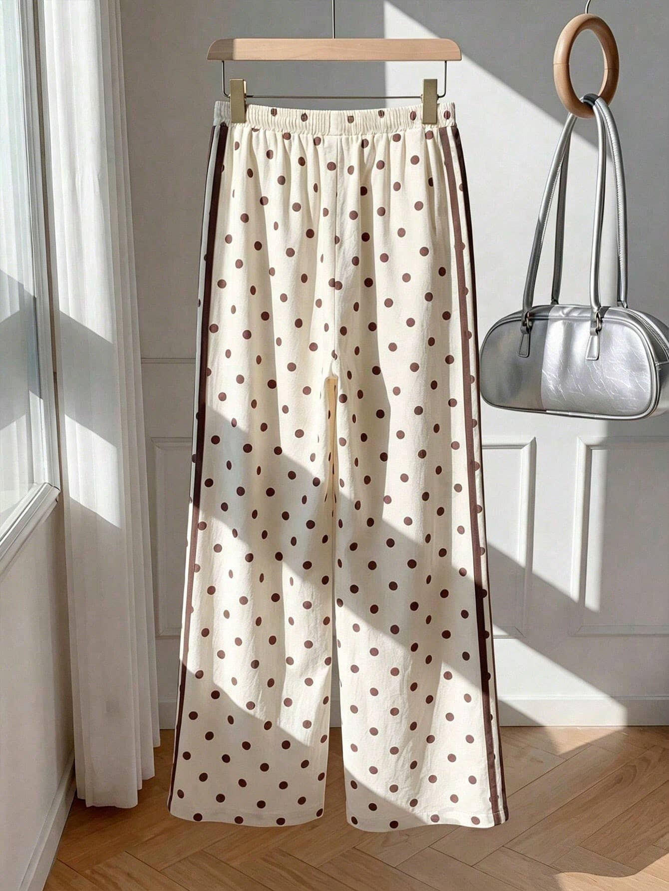 Cream Polka Dot Side Stripe Wide-Leg Waist Tie Pants: Cream