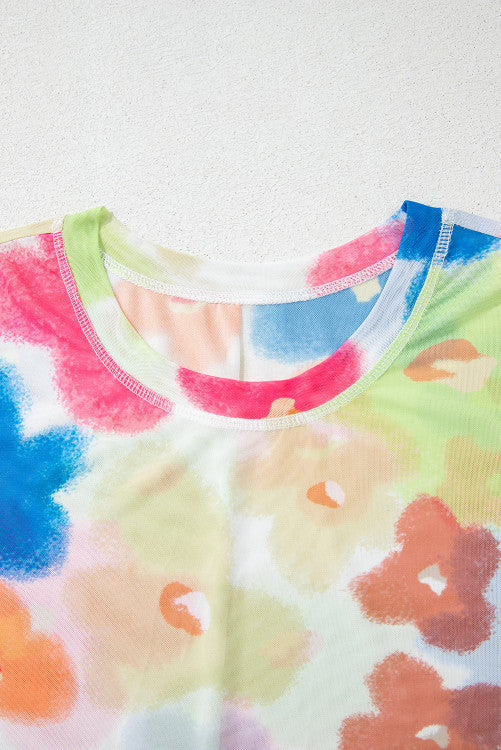 Multicolour Floral Lettuce Trim Cropped Mesh Top