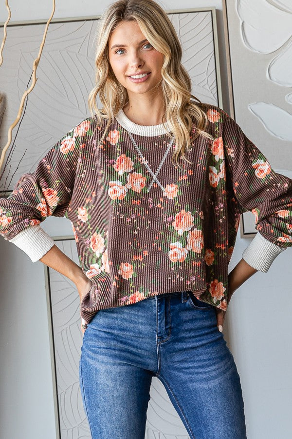 FALL Rib Floral Print Pullover Top