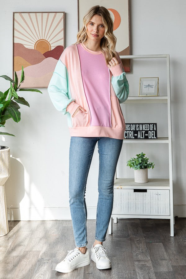 MINT COLOR BLOCK FRONT POCKETS PULLOVER TOP