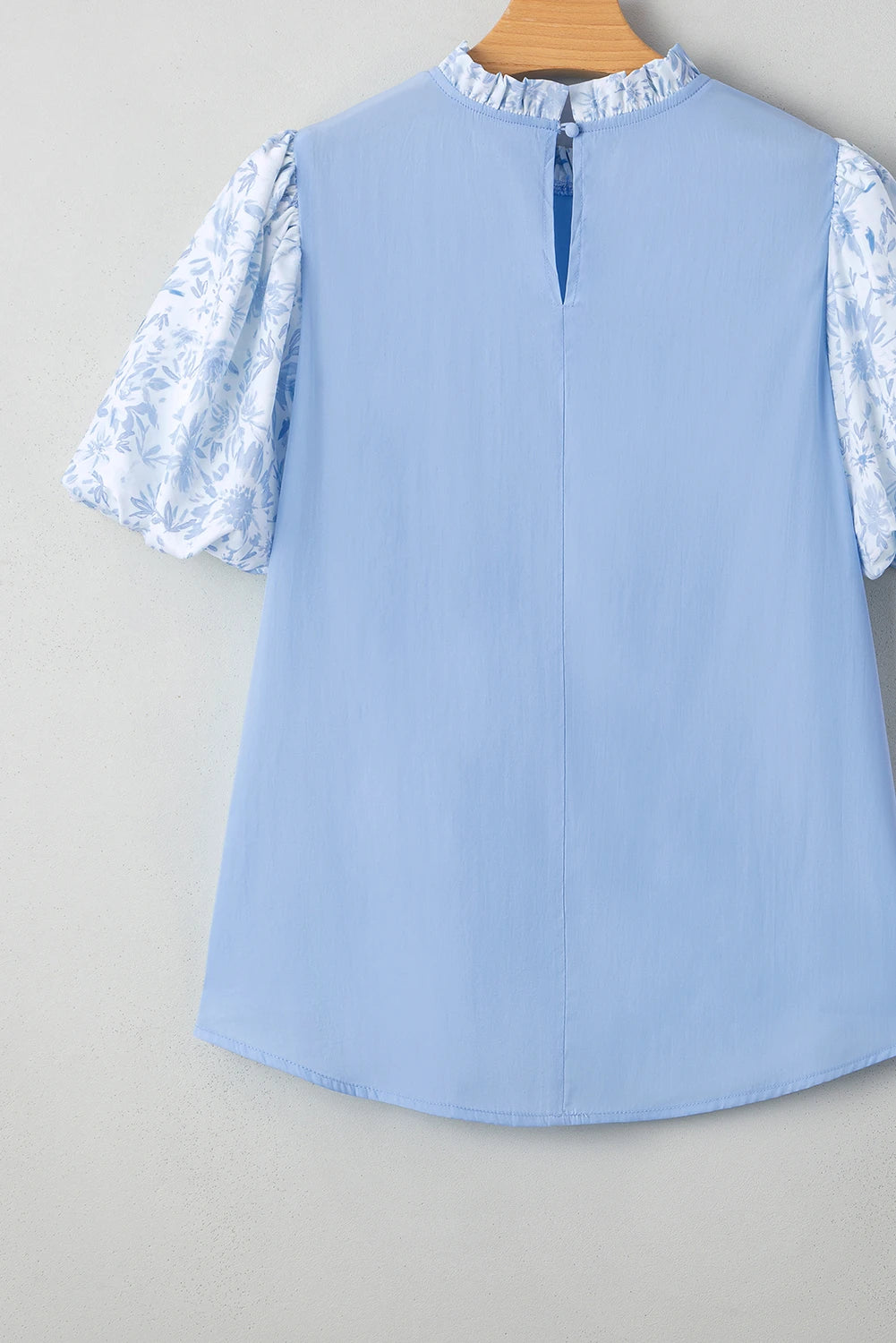Beau Blue Floral Puff Sleeve Patchwork Loose Blouse