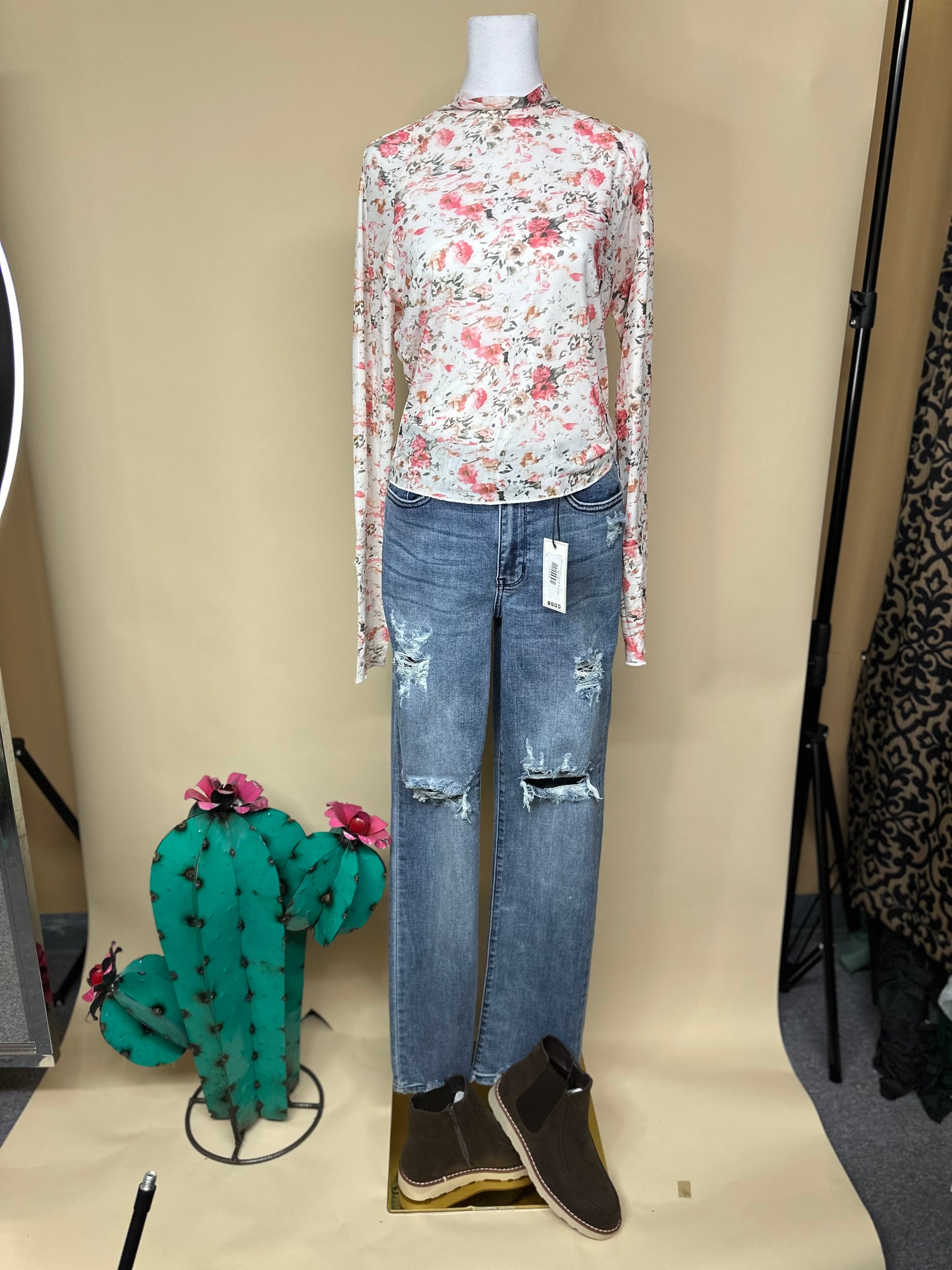 Pink Floral Print Mesh Mock Neck SHIRT