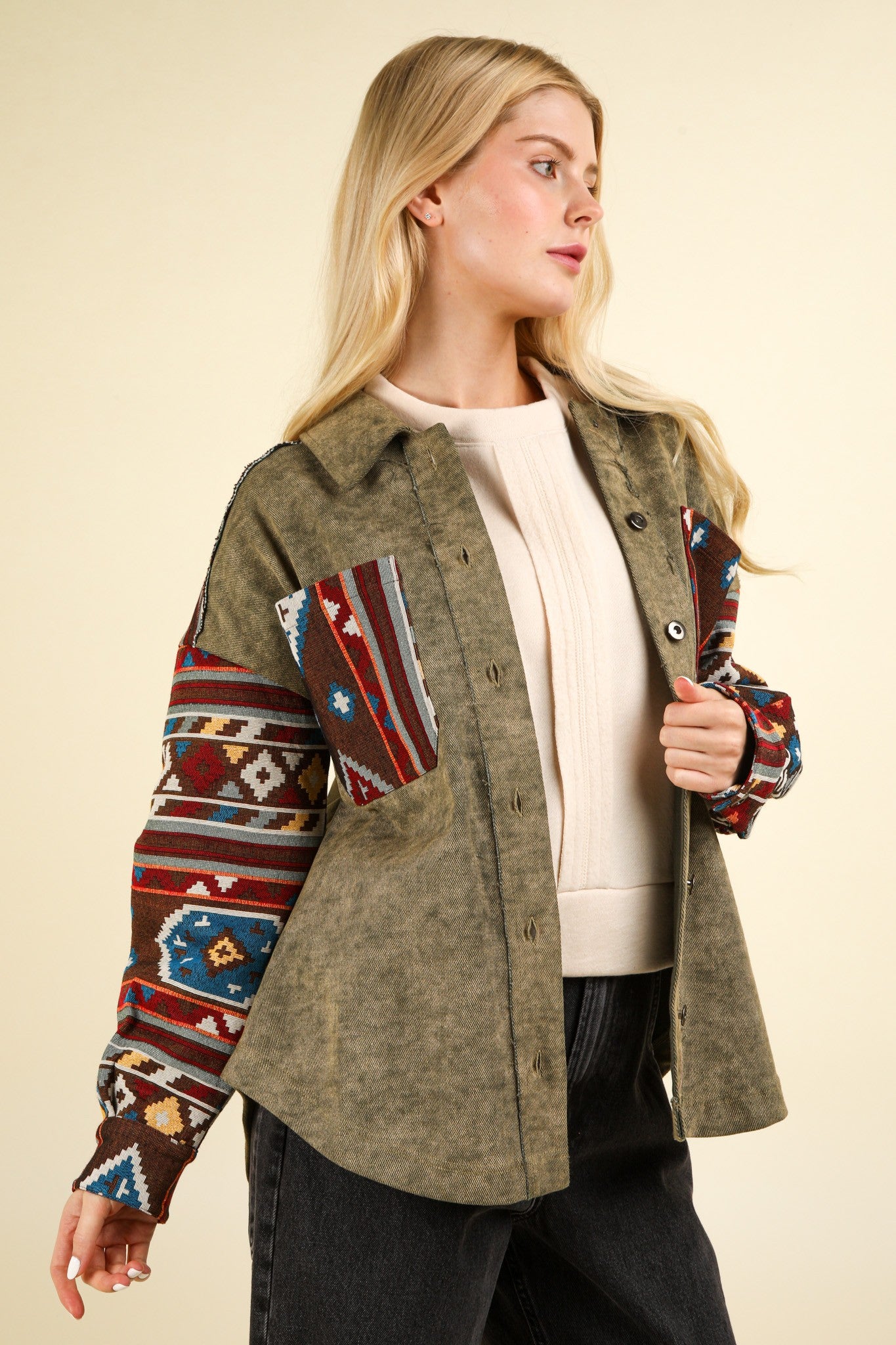 Aztec Graphic Oversized Button Down Shacket Jacket