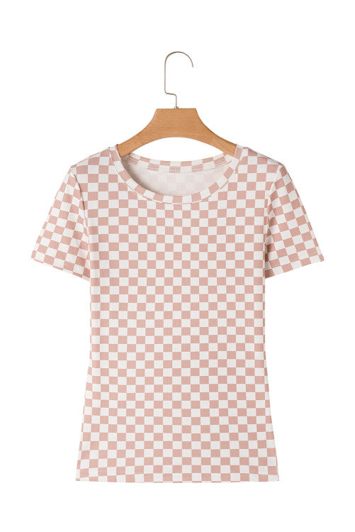 Pink Checkered Ribbed Slim Fit Crew Neck T-Shirt