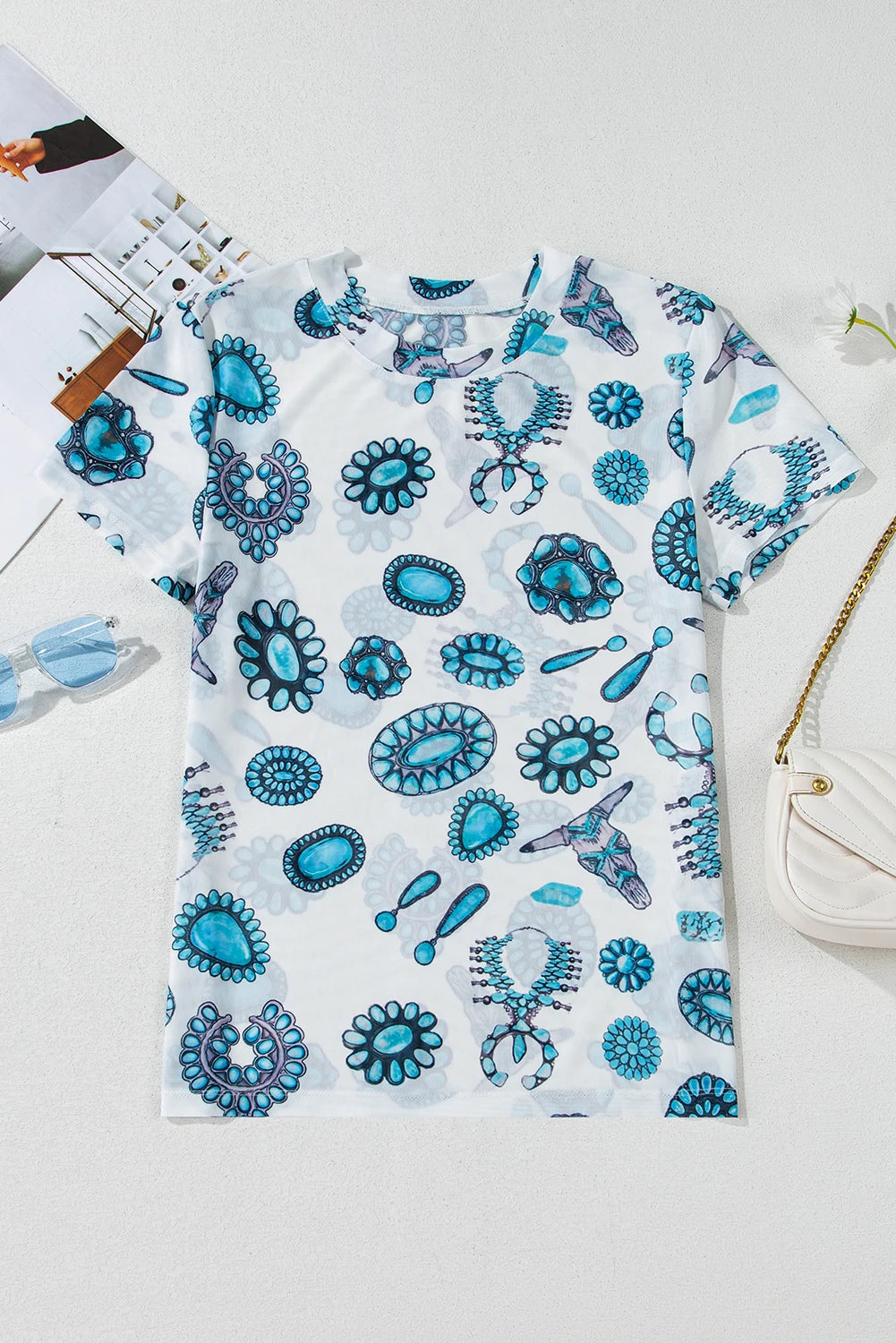 Sky Blue Turquoise Print Crewneck MESH TOP