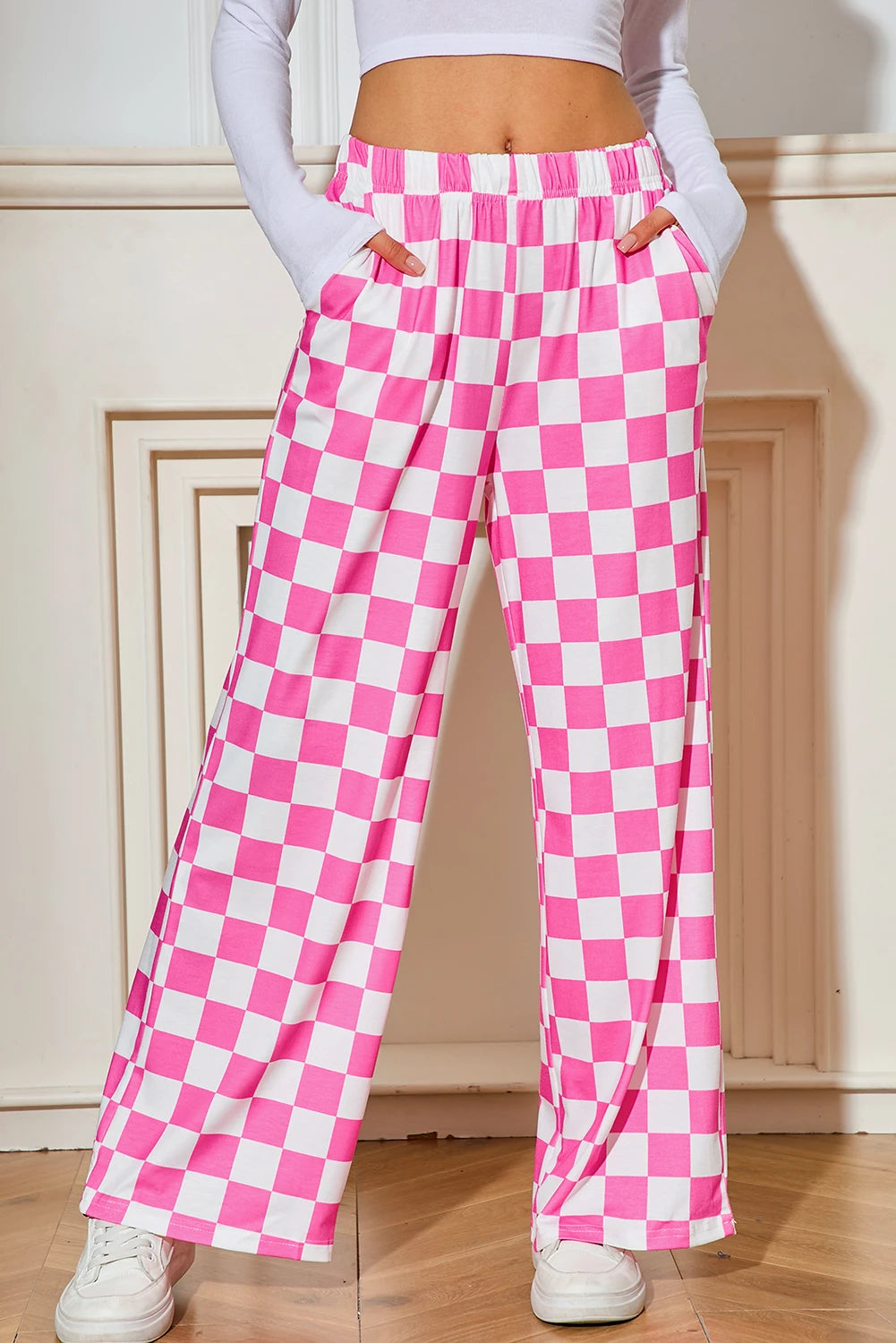 PINK Bonbon Checkered Print High Waist Wide Leg Pant