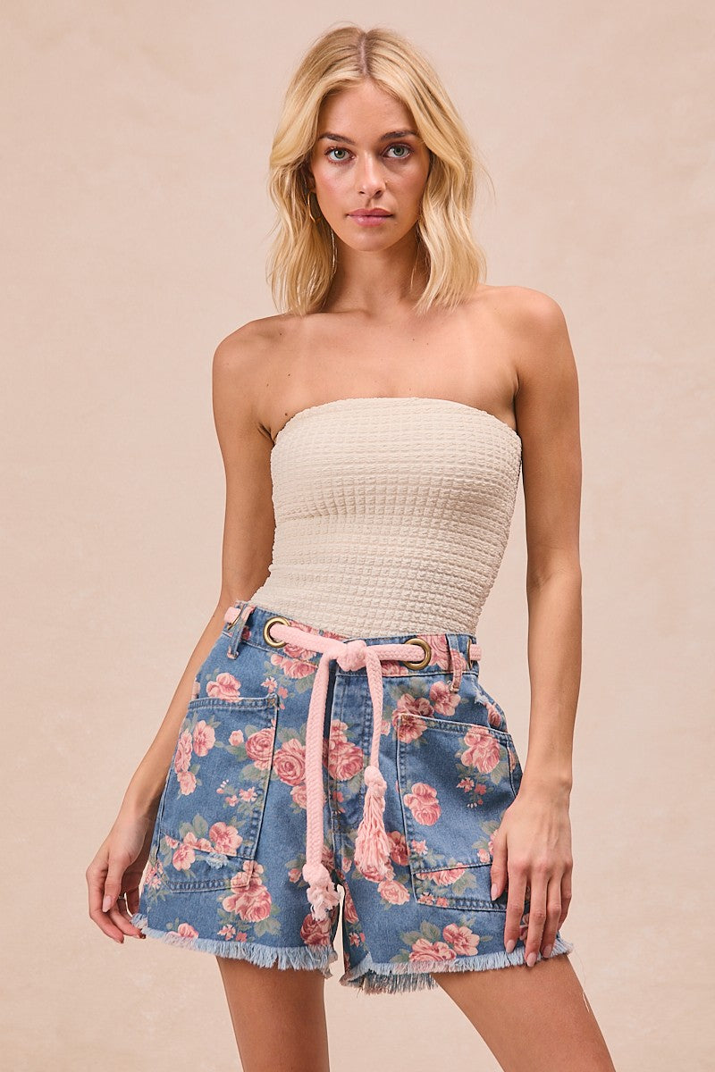 Braided Waist Belt Patch Pockets Floral Print Deni