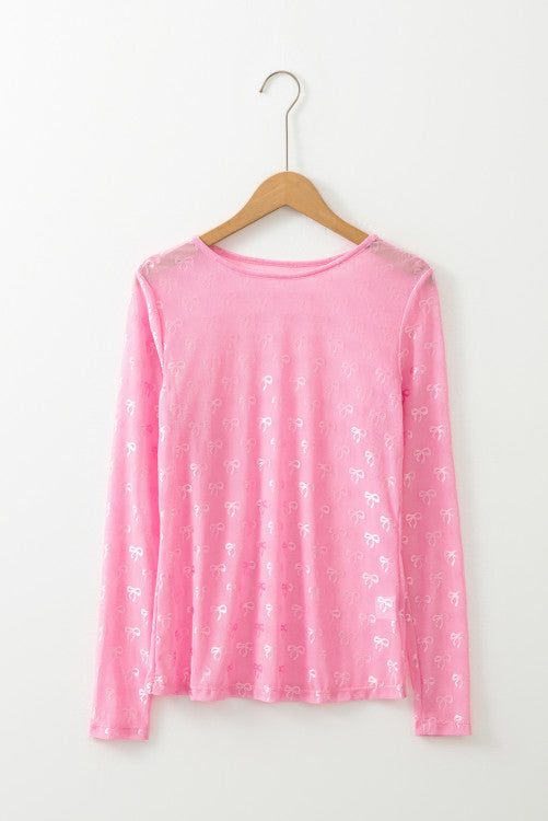 Pink Bow Pattern Long Sleeve Slim Fit Mesh Top