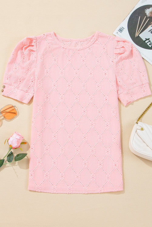 Pink Embroidered Floral Geometric Button Short Sleeve Top
