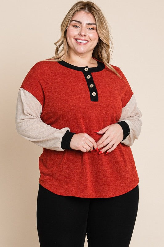 Plus Size Solid Mir Knit Casual Long Sleeve Top