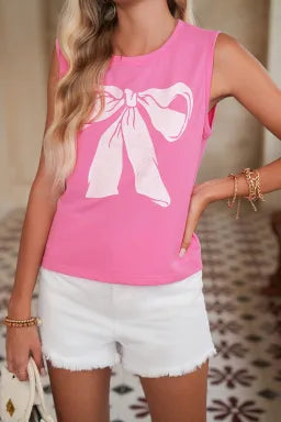Sachet Pink Bow Casual Sleeveless Tee