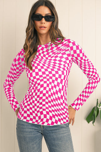 Pink Checkered Pattern Mesh Long Sleeve Top