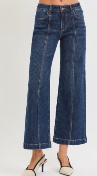 RISEN JEANS - MID RISE CROP WIDE FRONT SEAMED DETAILED JEANS -