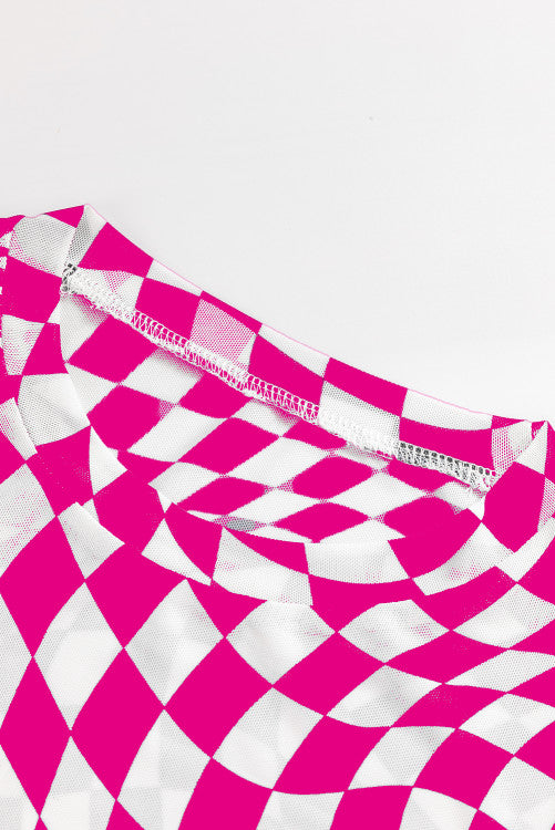 Pink Checkered Pattern Mesh Long Sleeve Top