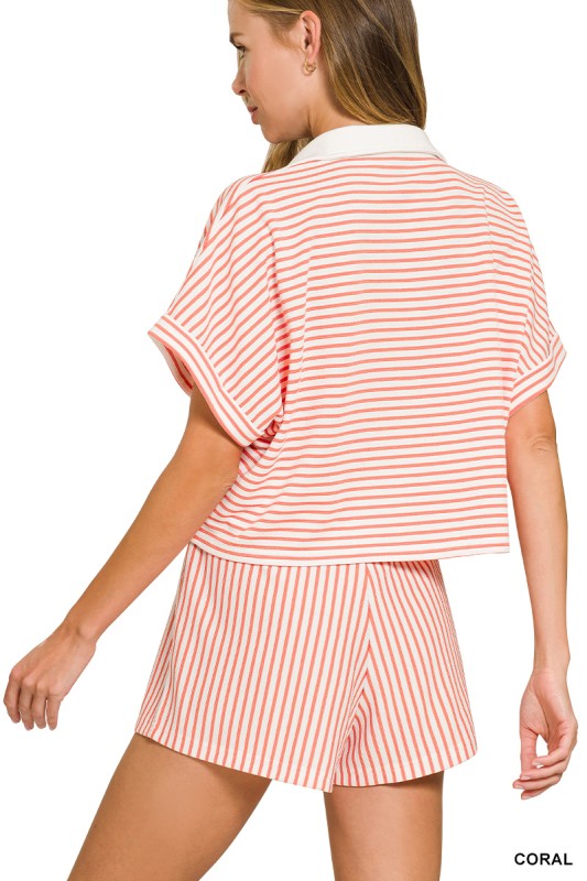 STRIPED COLLARED TOP & SHORTS SET Coral