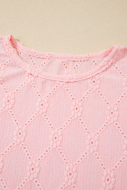 Pink Embroidered Floral Geometric Button Short Sleeve Top