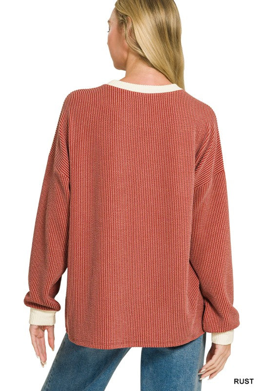 RUST RAISED RIB ROUND NECK PULLOVER