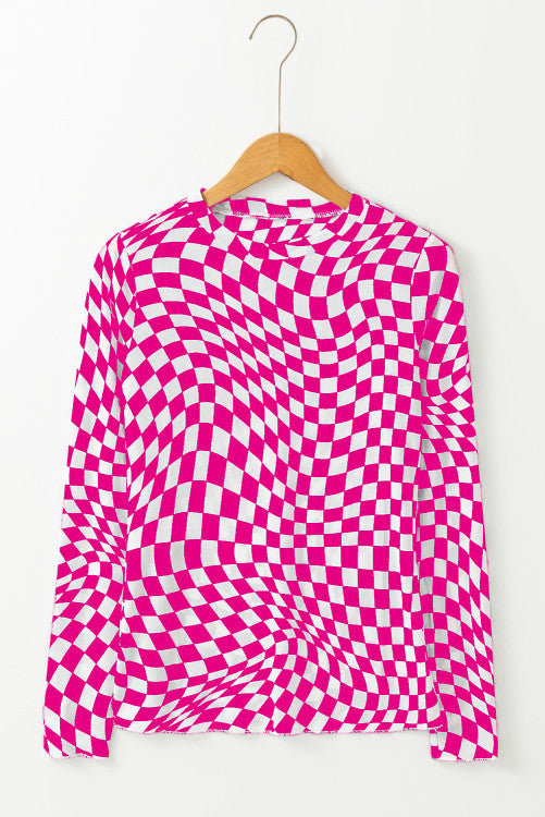 Pink Checkered Pattern Mesh Long Sleeve Top