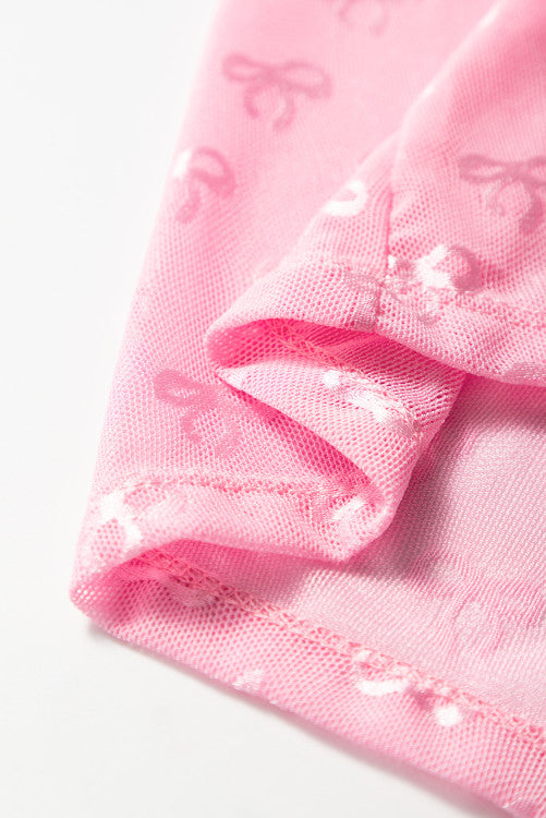Pink Bow Pattern Long Sleeve Slim Fit Mesh Top