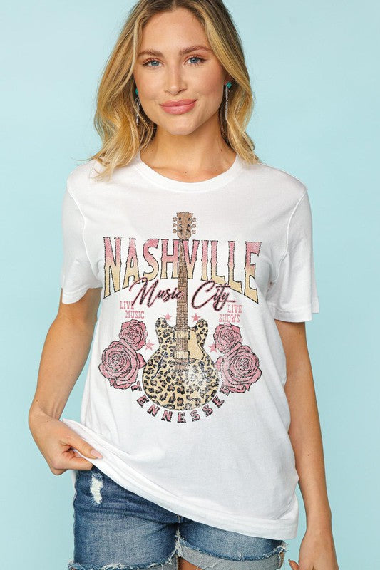 NASHVILLE MUSIC CITY SHORT SLEEVE KNIT TOP
