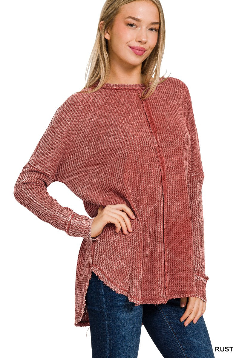 ABBI WASHED BABY WAFFLE OVERSIZED LONG SLEEVE TOP