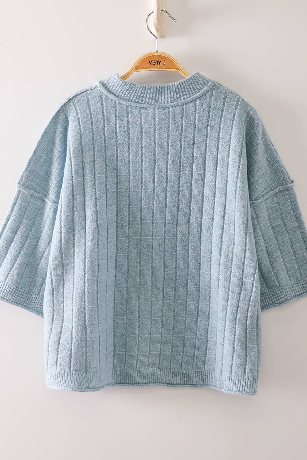 12W3734N-Cropped Length Ribbed Knit Sweater: BLUE / S-M-L/2-2-2