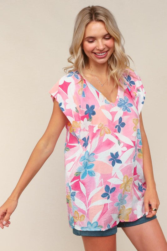 Tropical Floral Print Cotton Blend Woven Blouse