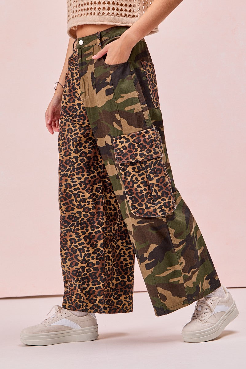 Leopard And Camouflage Mixed Cargo Pockets Pants