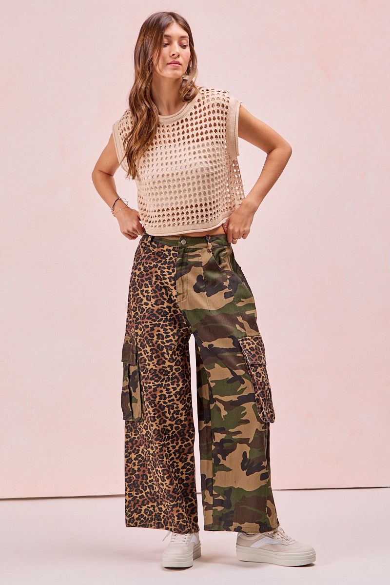 Leopard And Camouflage Mixed Cargo Pockets Pants