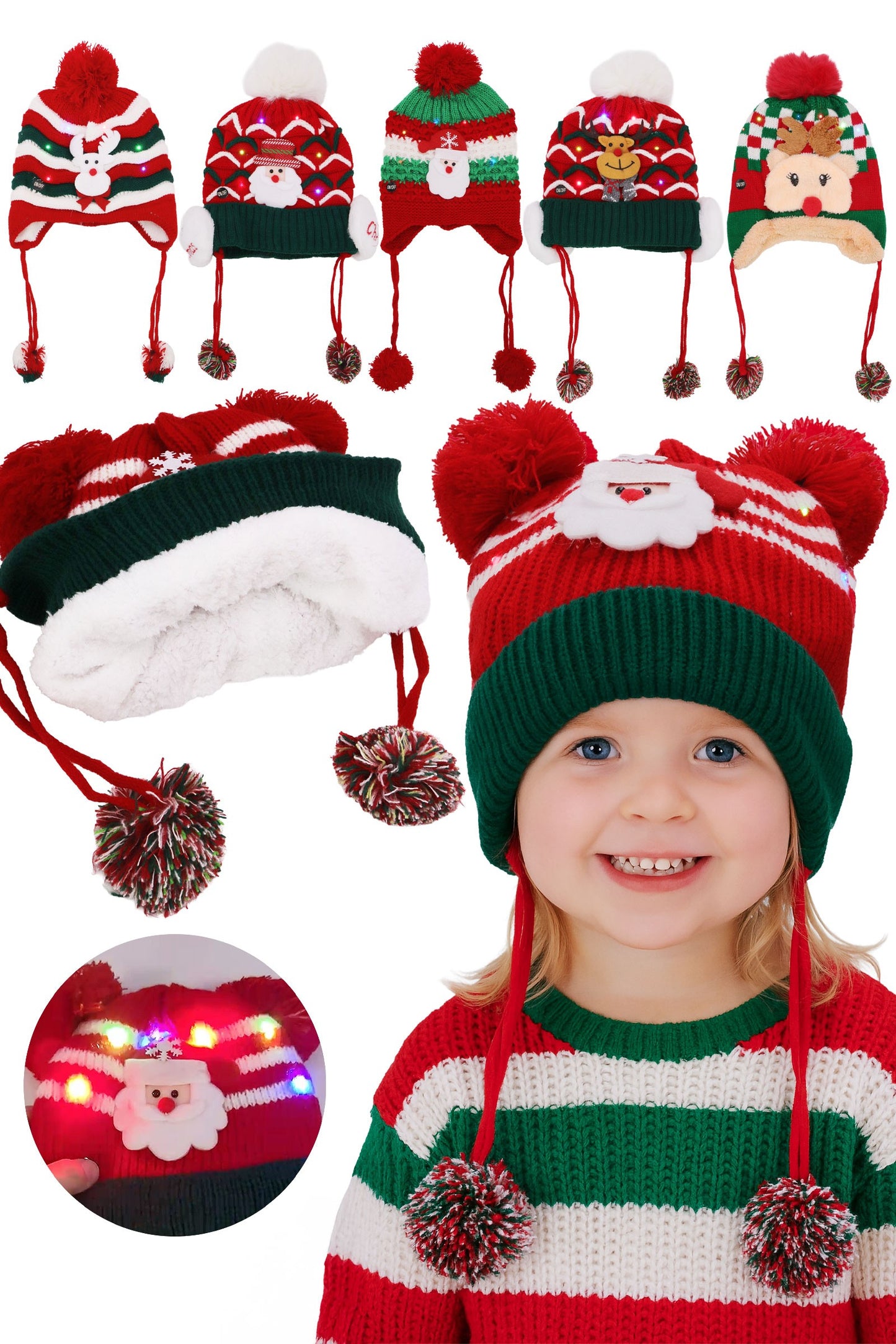 Kids Christmas Led Ear Cover Chin Strap Beanie