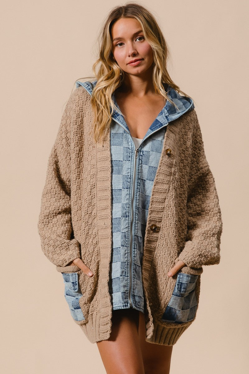 Washed Checker Denim Zip Up Sweater Cardigan