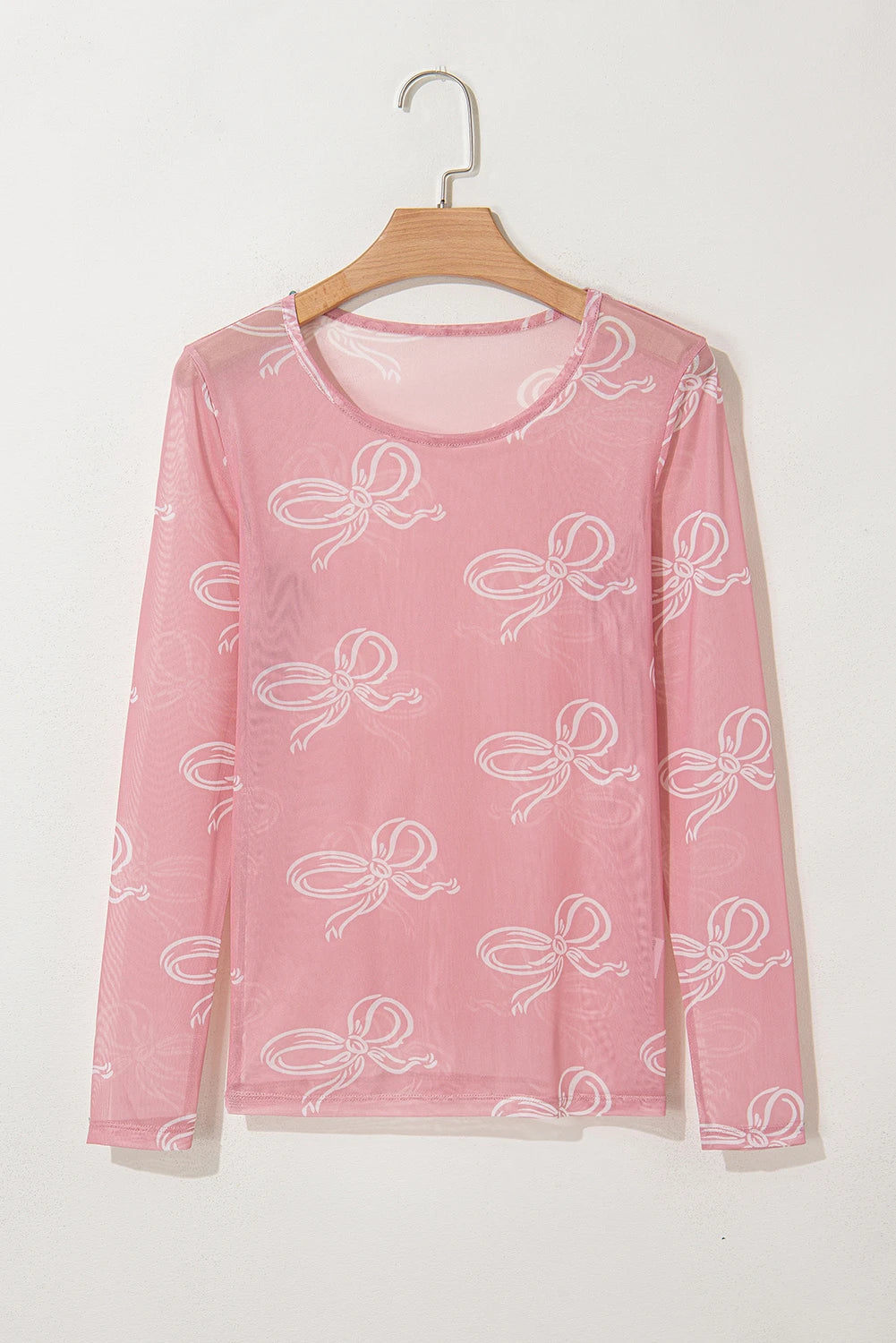 Pink Bow Print Long Sleeve Mesh Top