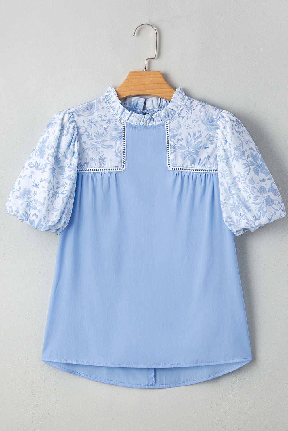 Beau Blue Floral Puff Sleeve Patchwork Loose Blouse