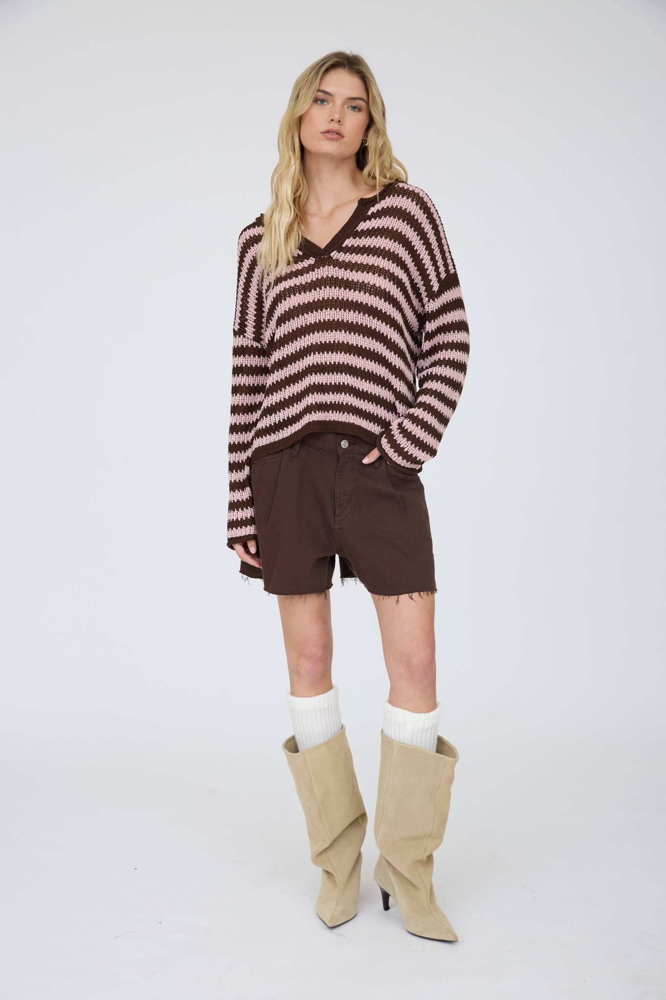 STRIPE RAW EDGE SPLIT NECK SHEER KNIT SWEATER : BURGUNDY