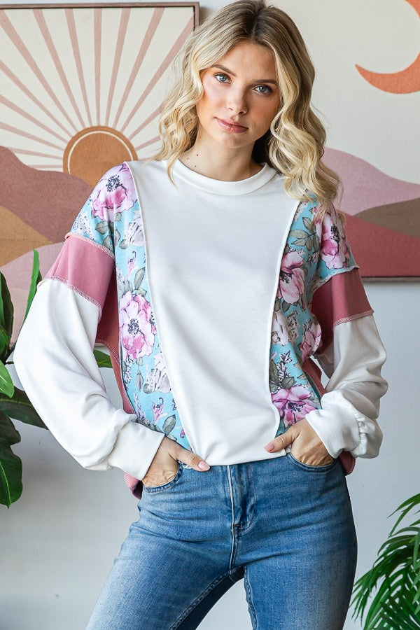 LIKEN THISFLORAL COLOR BLOCK PULLOVER TOP