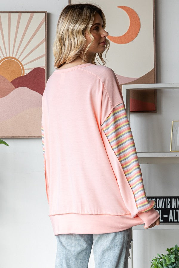 PEACH MULTI COLOR STRIPE BUTTON FRONT TOP