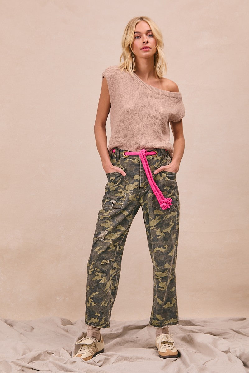 Braided Waist Belt Patch Pockets Camouflage Print