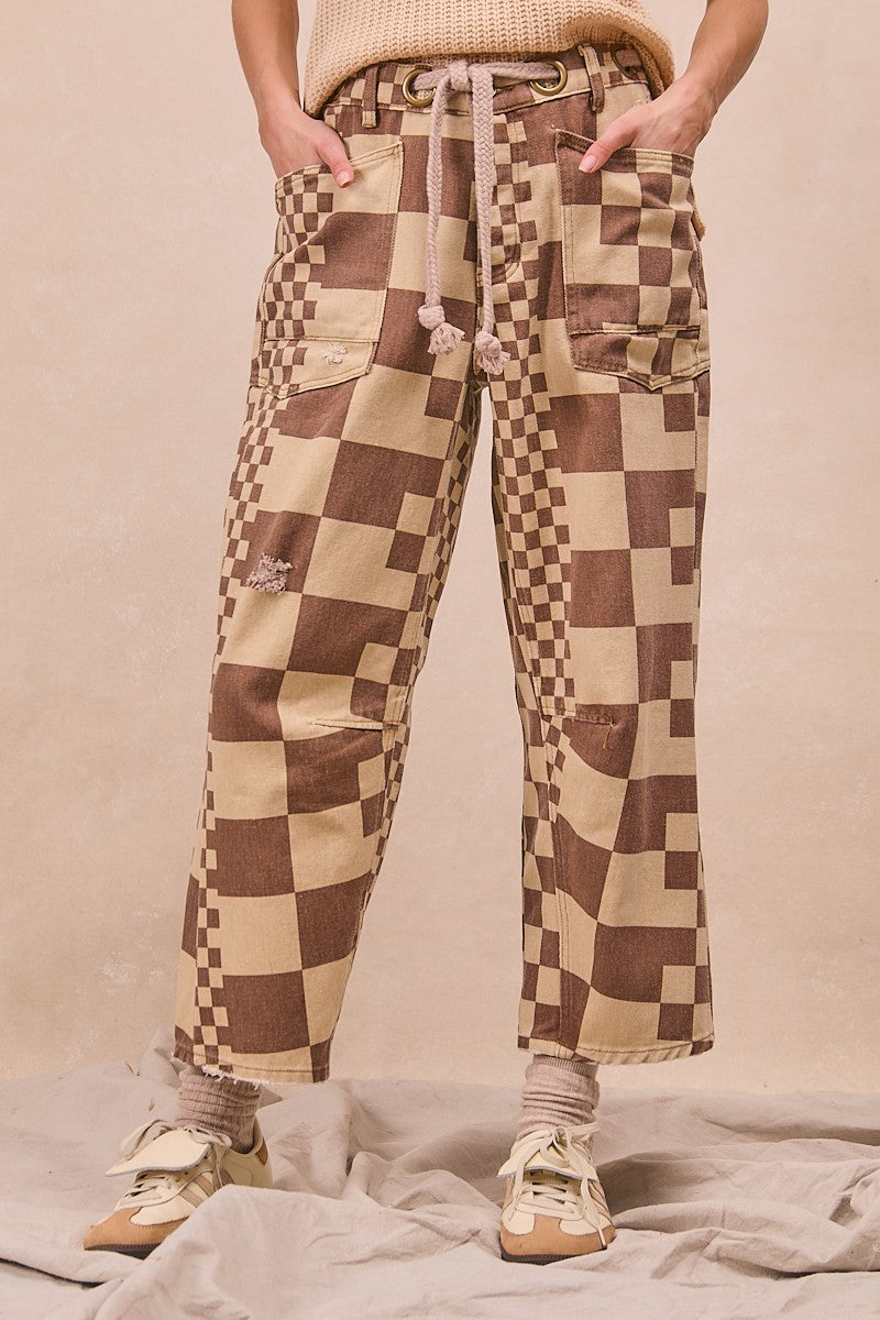Washed Checker Board Printed Braided Waist Belt De